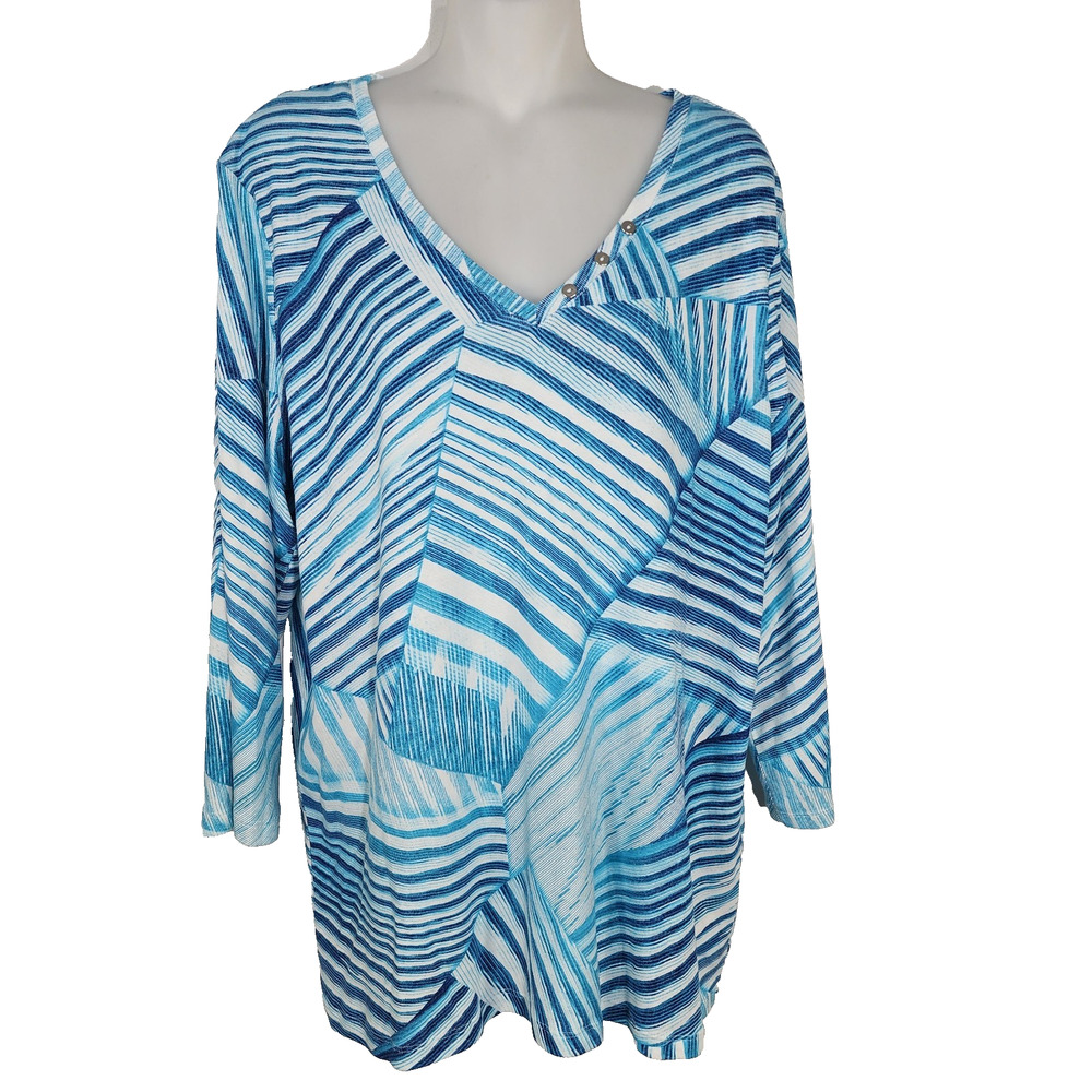 Chico's Top Tee Womens Size 3 US XL Angelic Stripe 3/4 Sleeve V Neck Teal Blue